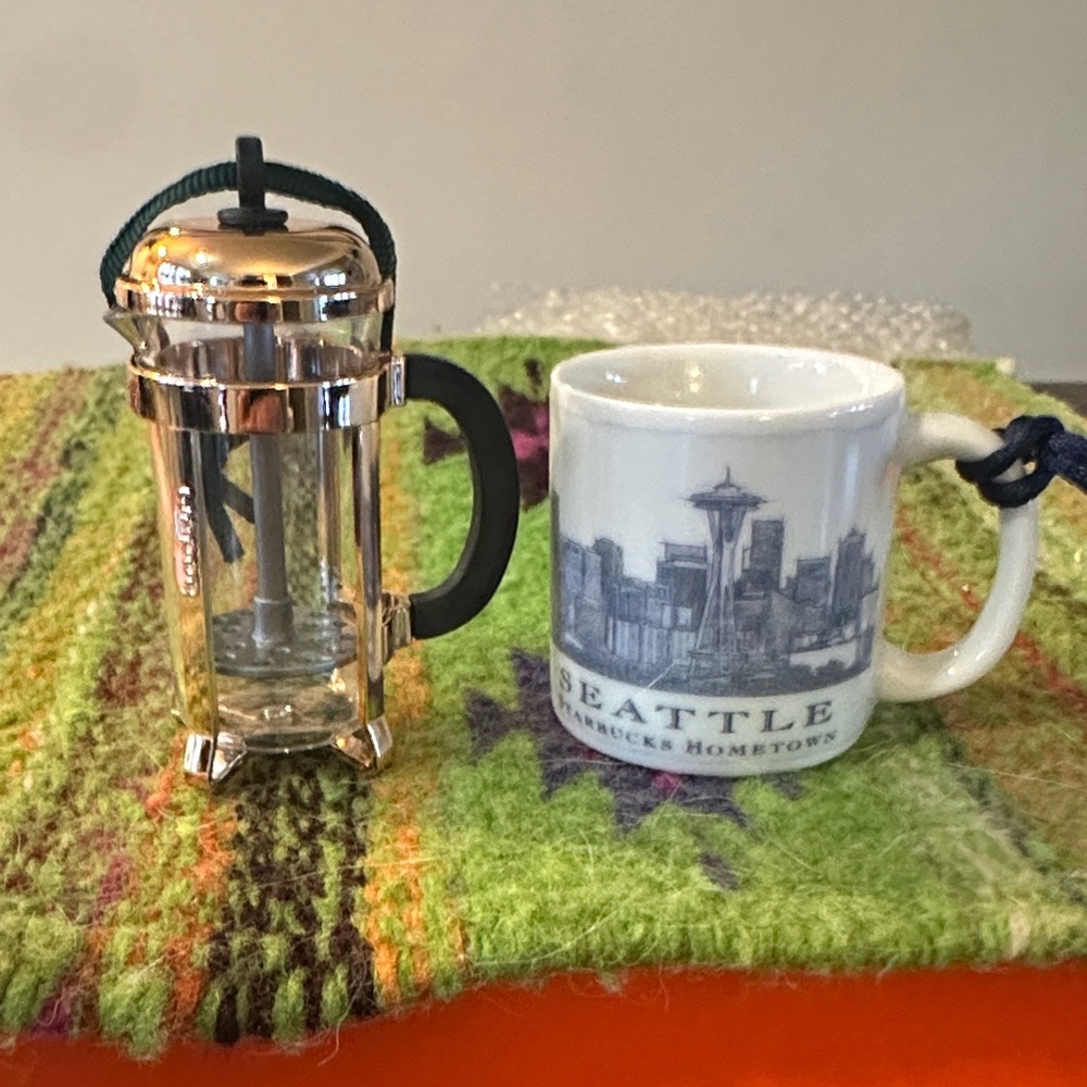 Three Starbucks miniature ornaments